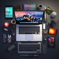 Knolling of software developer tools laptop in center light background Generative AI