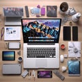 Knolling of software developer tools laptop in center light background Generative AI