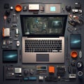 Knolling of software developer tools laptop in center light background Generative AI
