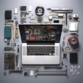 Knolling of software developer tools laptop in center light background Generative AI