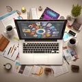Knolling of software developer tools laptop in center light background Generative AI