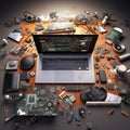 Knolling of software developer tools laptop in center light background Generative AI