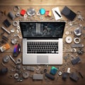 Knolling of software developer tools laptop in center light background Generative AI
