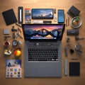 Knolling of software developer tools laptop in center light background Generative AI