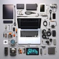 Knolling of software developer tools laptop in center light background Generative AI