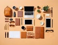 A Knolling style, top view flat lay of everyday objects of a contemporary person