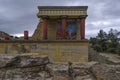 Knossos Palace, Crete, Greece. Restored North Entrance with the Charging Bull fresco at the famous archaeological site of Knossos Royalty Free Stock Photo