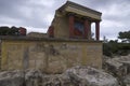 Knossos Palace, Crete, Greece. Restored North Entrance with the Charging Bull fresco at the famous archaeological site of Knossos Royalty Free Stock Photo