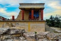 Knossos Palace, Crete, Greece. Restored North Entrance with charging bull fresco at the famous archaeological site of Knossos Royalty Free Stock Photo