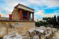 Knossos Palace, Crete, Greece. Restored North Entrance with charging bull fresco at the famous archaeological site of Knossos Royalty Free Stock Photo