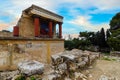 Knossos Palace, Crete, Greece. Restored North Entrance with charging bull fresco at the famous archaeological site of Knossos Royalty Free Stock Photo