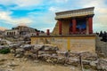 Knossos Palace, Crete, Greece. Restored North Entrance with charging bull fresco at the famous archaeological site of Knossos Royalty Free Stock Photo