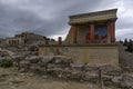 Knossos Palace, Crete, Greece. Restored North Entrance with the Charging Bull fresco at the famous archaeological site of Knossos Royalty Free Stock Photo