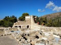 Knossos palace is the largest bronze age archaeological site on Crete island, Greece. Detail of ancient ruins of famous Minoan pal Royalty Free Stock Photo