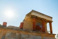 Knossos Palace ruin with sun background and sunny day backlight, Greece, Crete Royalty Free Stock Photo