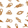 Knot rope pattern. Seamless print of different types of noose ropes for hiking and sea travel. Vector texture