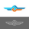 Knot style logo with two wings. Three color cornered stripes with node.