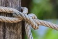 Knot of thick rope tied around a wooden stake Royalty Free Stock Photo