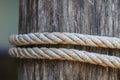 Knot of thick rope tied around a wooden stake Royalty Free Stock Photo