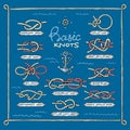 Knot vector marine knotty bow or nautical bowed rope with knotted loop illustration set of overhand or square bowknots