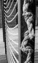 Knots on the rope. Ropes attached to iron beams. Black and white.