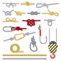 Knots set vector illustrations, rope with loop, hook, snap for climbing or nautical equipment isolated icons on white Royalty Free Stock Photo