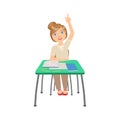 Know-it-all Schoolgirl Sitting Behind The Desk In School Class Illustration, Part Of Scholars Studying Vector Collection