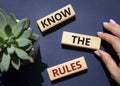 Know the rules symbol. Wooden blocks with words Know the rules. Beautiful deep blue background with succulent plant. Businessman Royalty Free Stock Photo