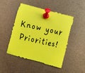 Know your priorities text on yellow notepad with wooden background. Motivational concept Royalty Free Stock Photo