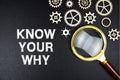 Know Your Why text message with magnifying glass on black background Royalty Free Stock Photo