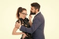 Knowing his dirty secrets. She knows how achieve success. Colleagues man with beard and pretty woman flirting. Office Royalty Free Stock Photo