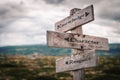 Knowledge, character and respect  text on wooden rustic signpost outdoors in nature/mountain scenery. Royalty Free Stock Photo