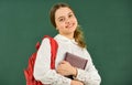 Knowledge day. Clever teenager student. Girl in school classroom copy space. School project. Educative activity. Child Royalty Free Stock Photo