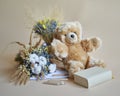 Knowledge Day concept: dried flowers bouquet, book, pencils Royalty Free Stock Photo