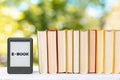 Knowledge. E-book reader and a stack of books. The park is blurred in the background. Copy space. Concept of education and Royalty Free Stock Photo