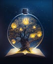 Knowledge or education concept. Illuminated old tree growing from book pages in space. AI generative illustration. Royalty Free Stock Photo