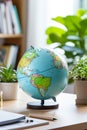 knowledge and geography with a world map globe resting on a desk, embodying the essence of an educational concept.