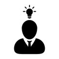 Knowledge icon vector male person profile avatar symbol with bulb for creative idea for business development in Glyph Pictogram Royalty Free Stock Photo