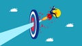 Knowledge leads to goals. businessman flying with a light bulb crashes into a target.