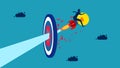 Knowledge leads to goals. businessman flying with a light bulb crashes into a target.