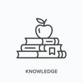 Knowledge line icon. Vector outline illustration of books and apple. Encyclopedia pictogram for education symbol