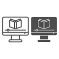 Knowledge online course line and solid icon. Learning video with book on monitor symbol, outline style pictogram on Royalty Free Stock Photo