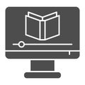 Knowledge online course solid icon. Learning video with book on monitor symbol, glyph style pictogram on white Royalty Free Stock Photo