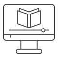 Knowledge online course thin line icon. Learning video with book on monitor symbol, outline style pictogram on white Royalty Free Stock Photo