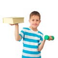 Knowledge is power - boy with book and weight Royalty Free Stock Photo