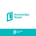 Knowledge room book logo with creative open door icon symbol into inside room library literature study university education logo