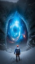 Climber Gazing into Cosmic Ice Cave Portal, Adventure and Exploration Royalty Free Stock Photo