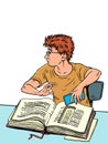 Knowledge is transformed into new forms. A boy in glasses with a book and a phone. Hide secrets from prying eyes. Pop