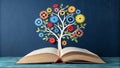Knowledge Tree Colorful Gears, Open Book, Learning Concept
