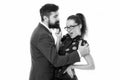 She knows how achieve success. Nothing personal just business. Colleagues man with beard and pretty woman on white Royalty Free Stock Photo